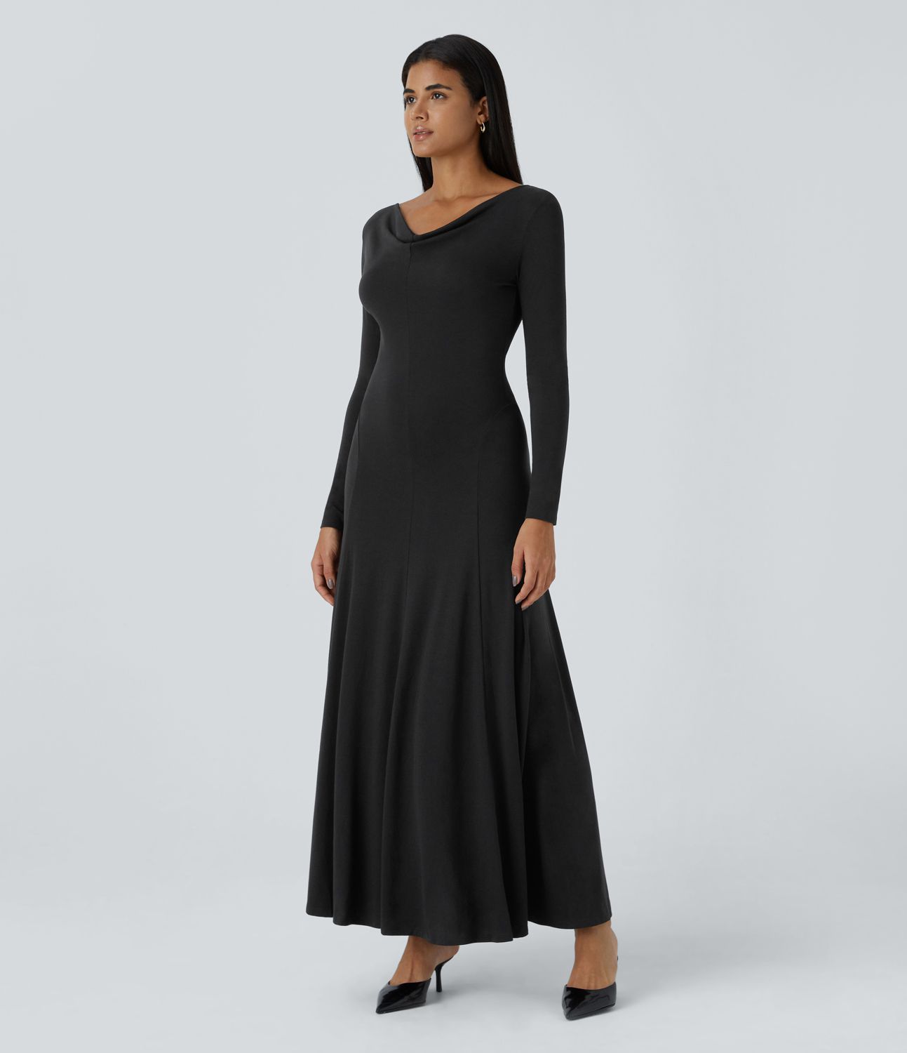 Cowl neck long sleeve relaxed fit flare maxi casual dress