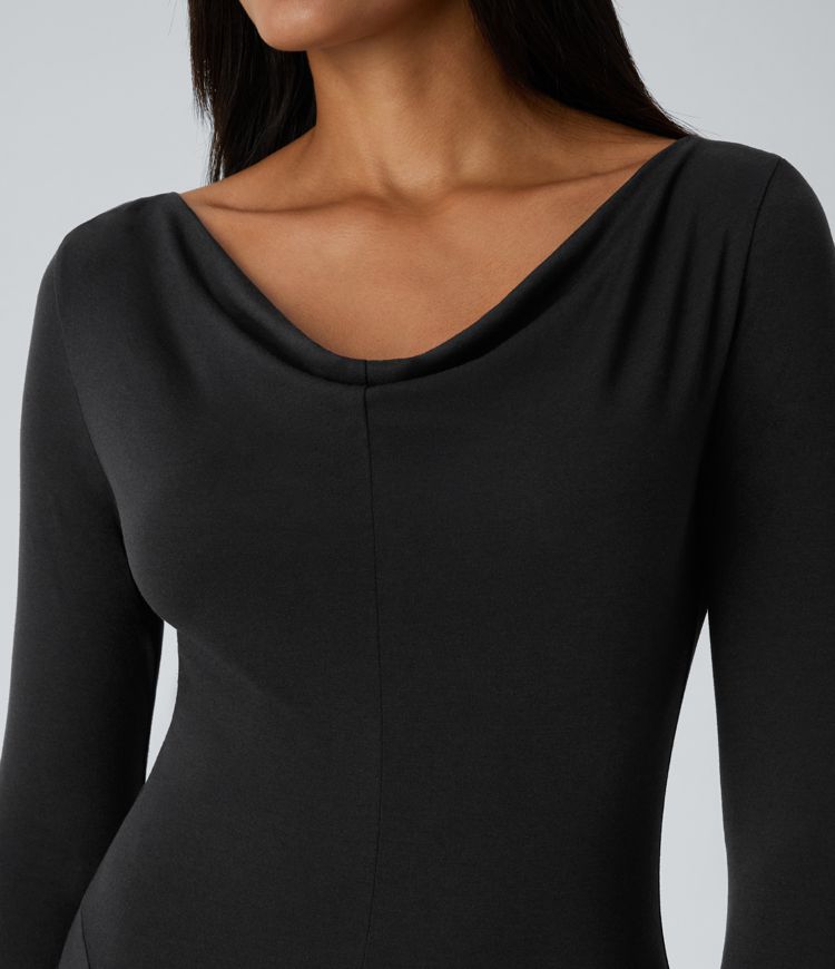 Cowl neck long sleeve relaxed fit flare maxi casual dress