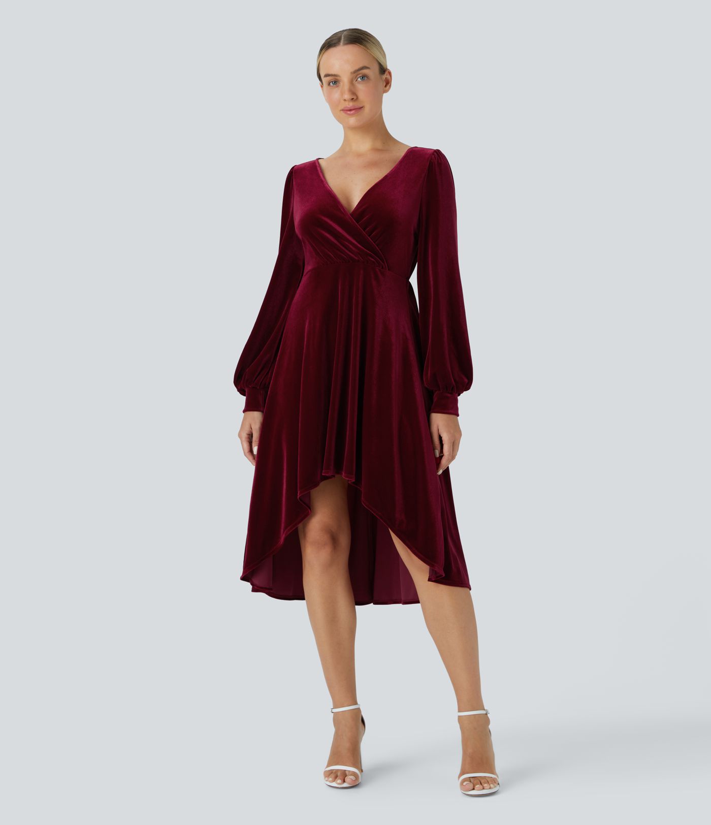 V Neck Crossover Fleece Bishop Sleeve High Low Flowy Velvet Midi Casual Dress