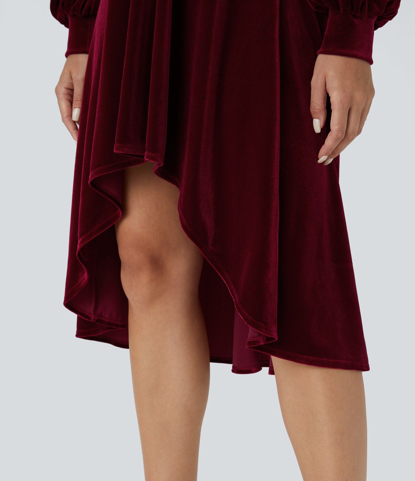 V Neck Crossover Fleece Bishop Sleeve High Low Flowy Velvet Midi Casual Dress