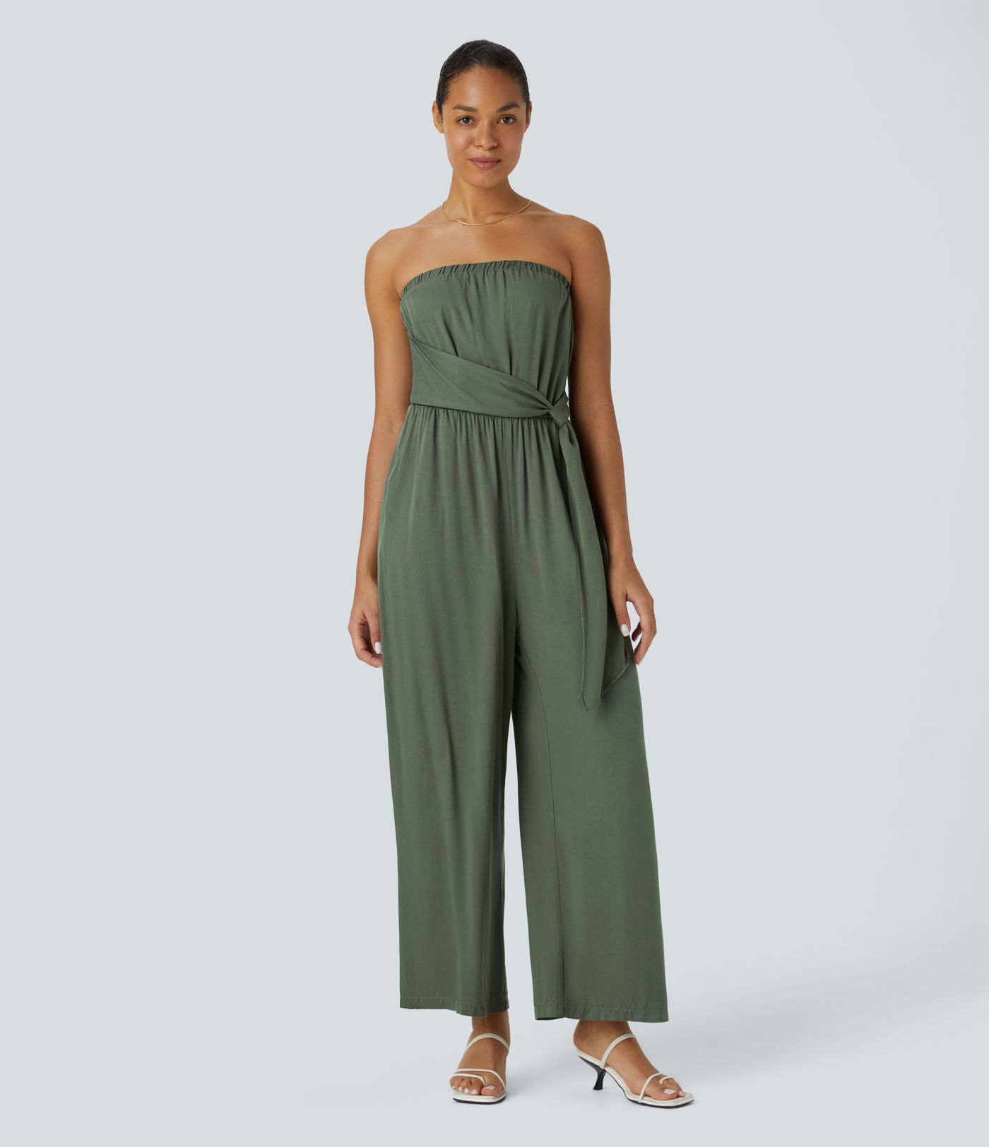 Tube Backless Wrinkle Belt Side Pocket Wide Vacation Look Jumpsuit