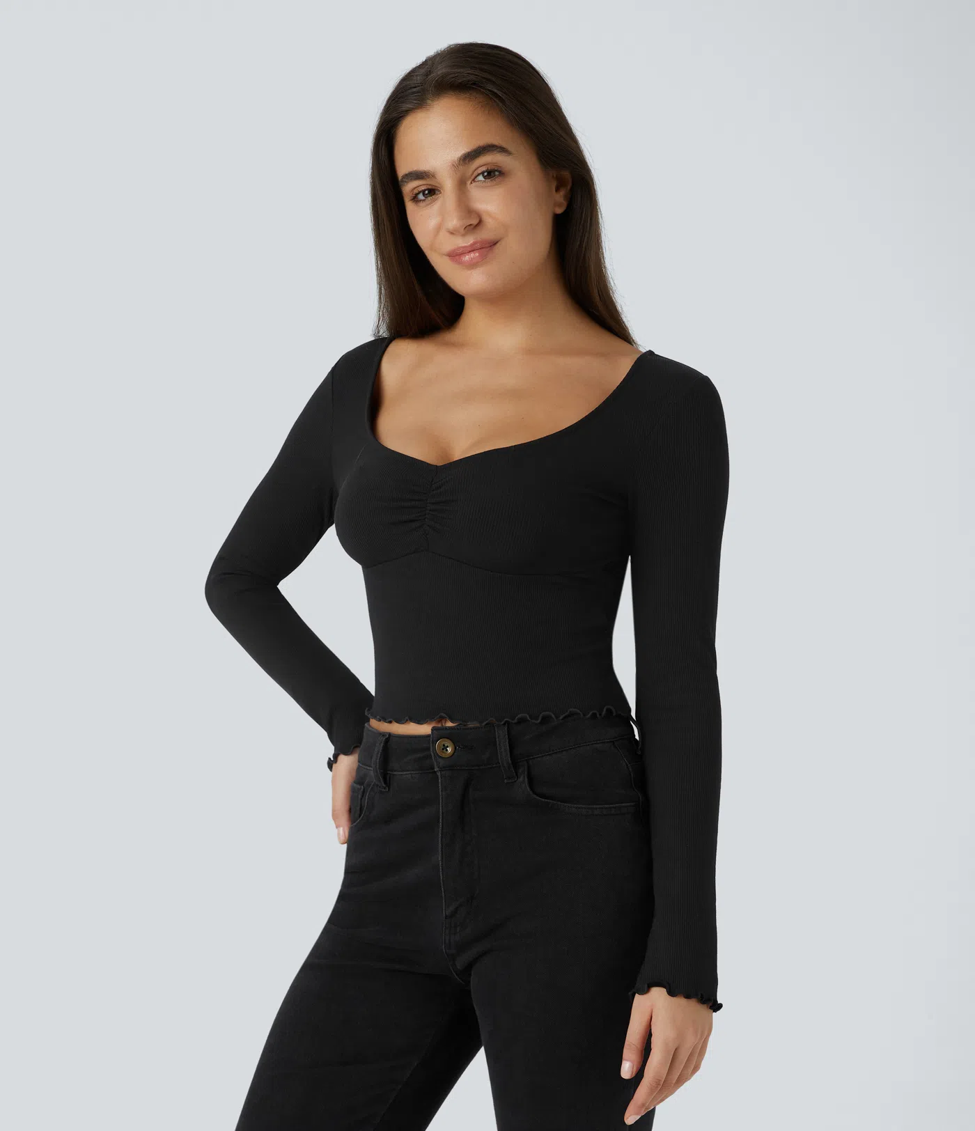 Ribbed Knit Frill Ruched Long Sleeve Cropped Casual Sports Top