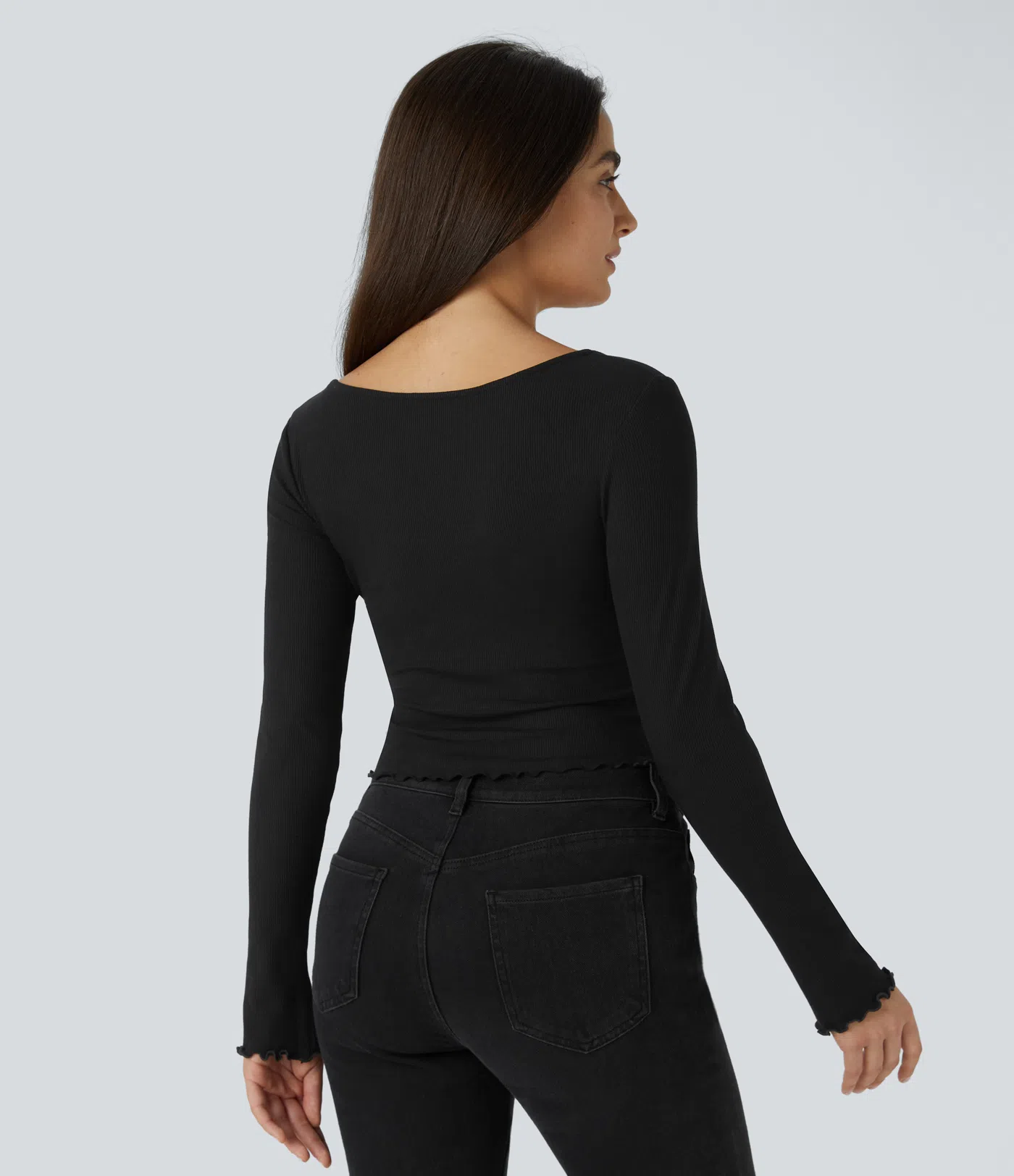 Ribbed Knit Frill Ruched Long Sleeve Cropped Casual Sports Top