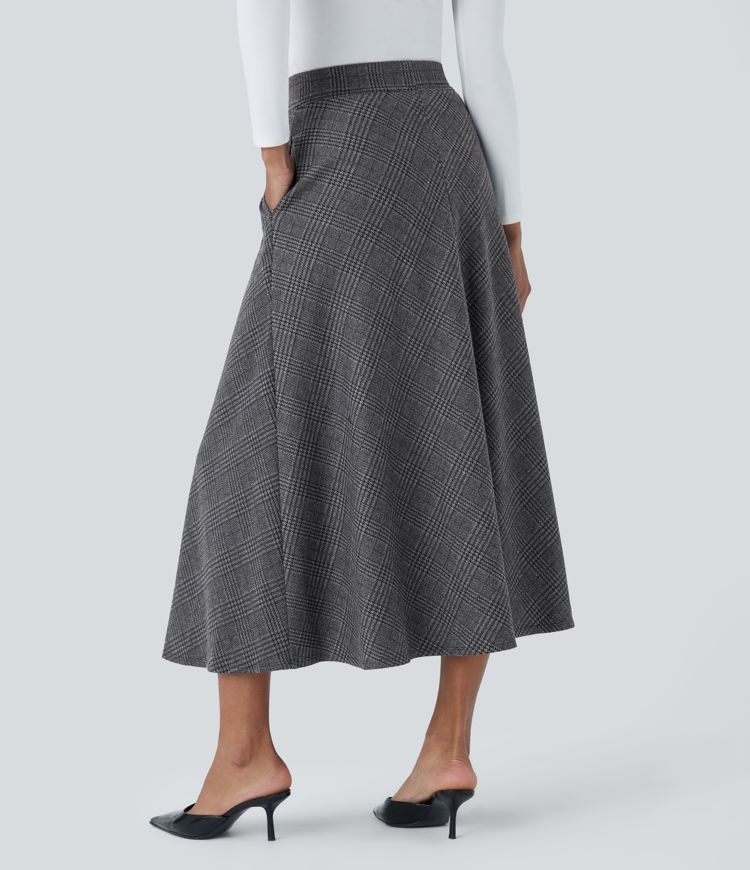 High Waisted Pocket Houndstooth Plaid Flare Midi Casual Skirt
