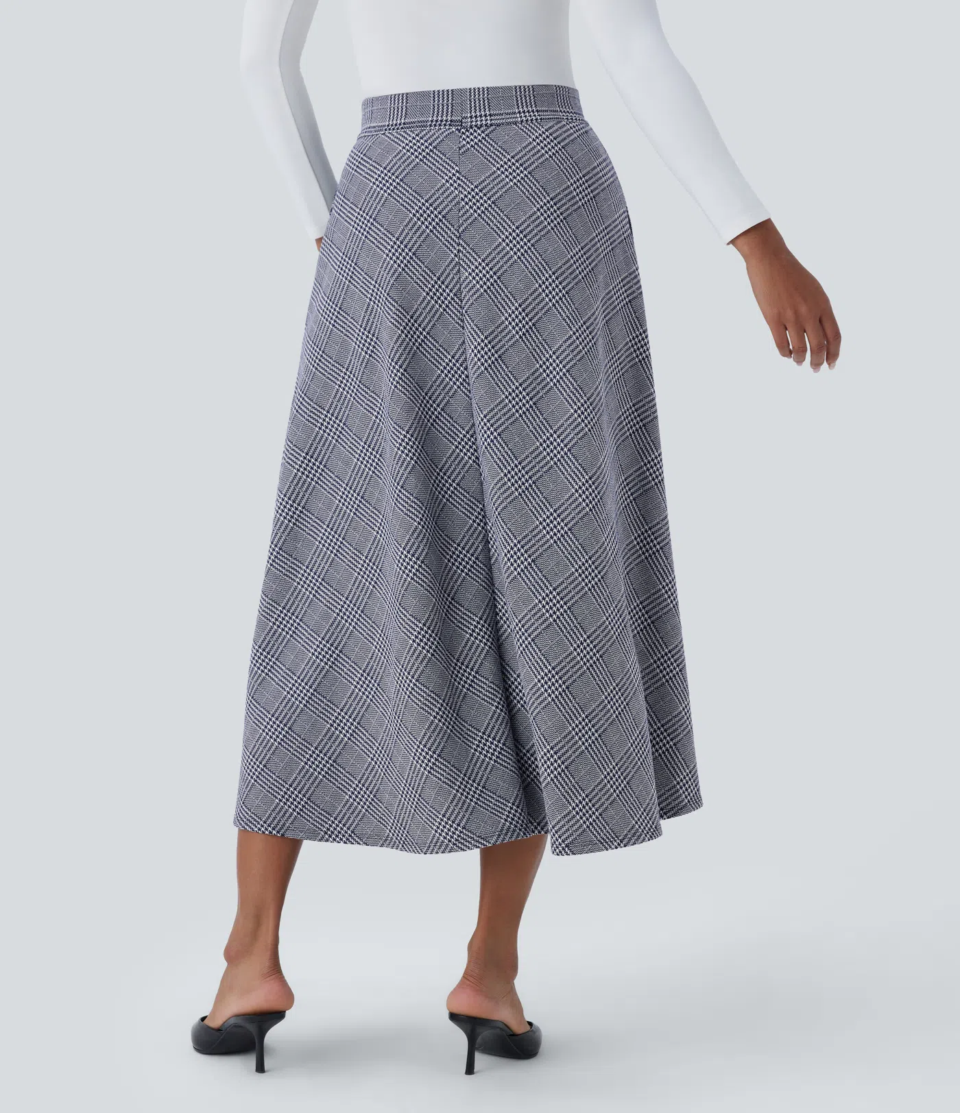 High Waisted Side Pocket Houndstooth Plaid Flare Midi Casual Skirt