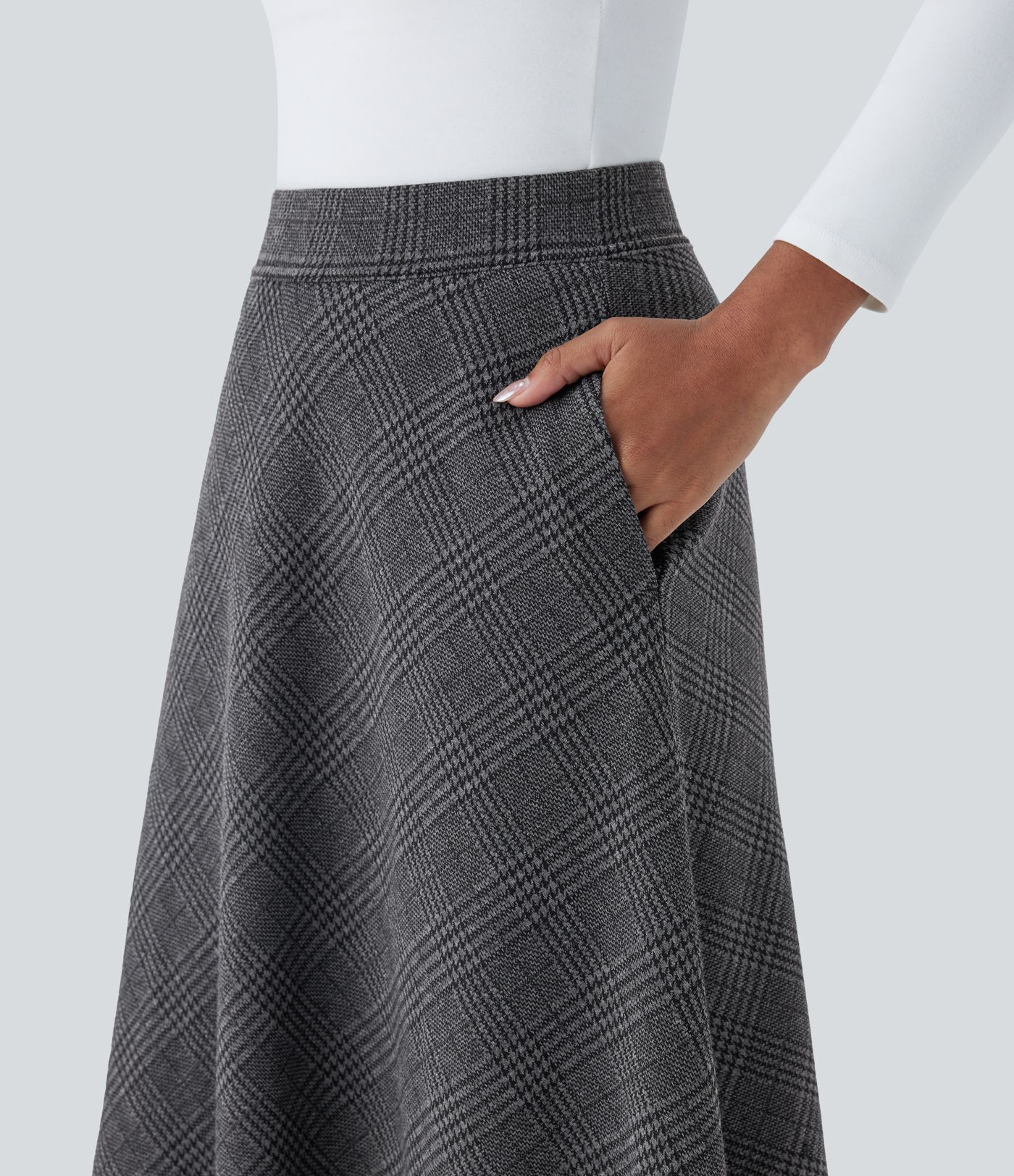 High Waisted Pocket Houndstooth Plaid Flare Midi Casual Skirt