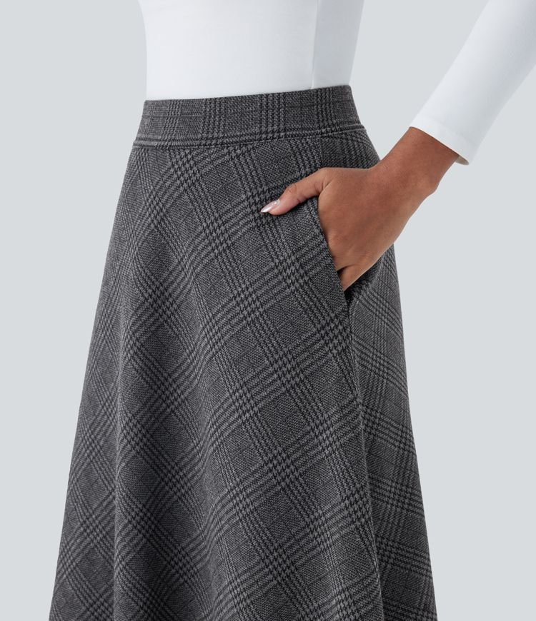 High Waisted Pocket Houndstooth Plaid Flare Midi Casual Skirt