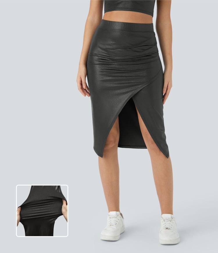 Softlyzero™ Jupe Midi Casual en Similicuir Froncé avec Ourlet Fendu Imprimé Métallisé Extensible