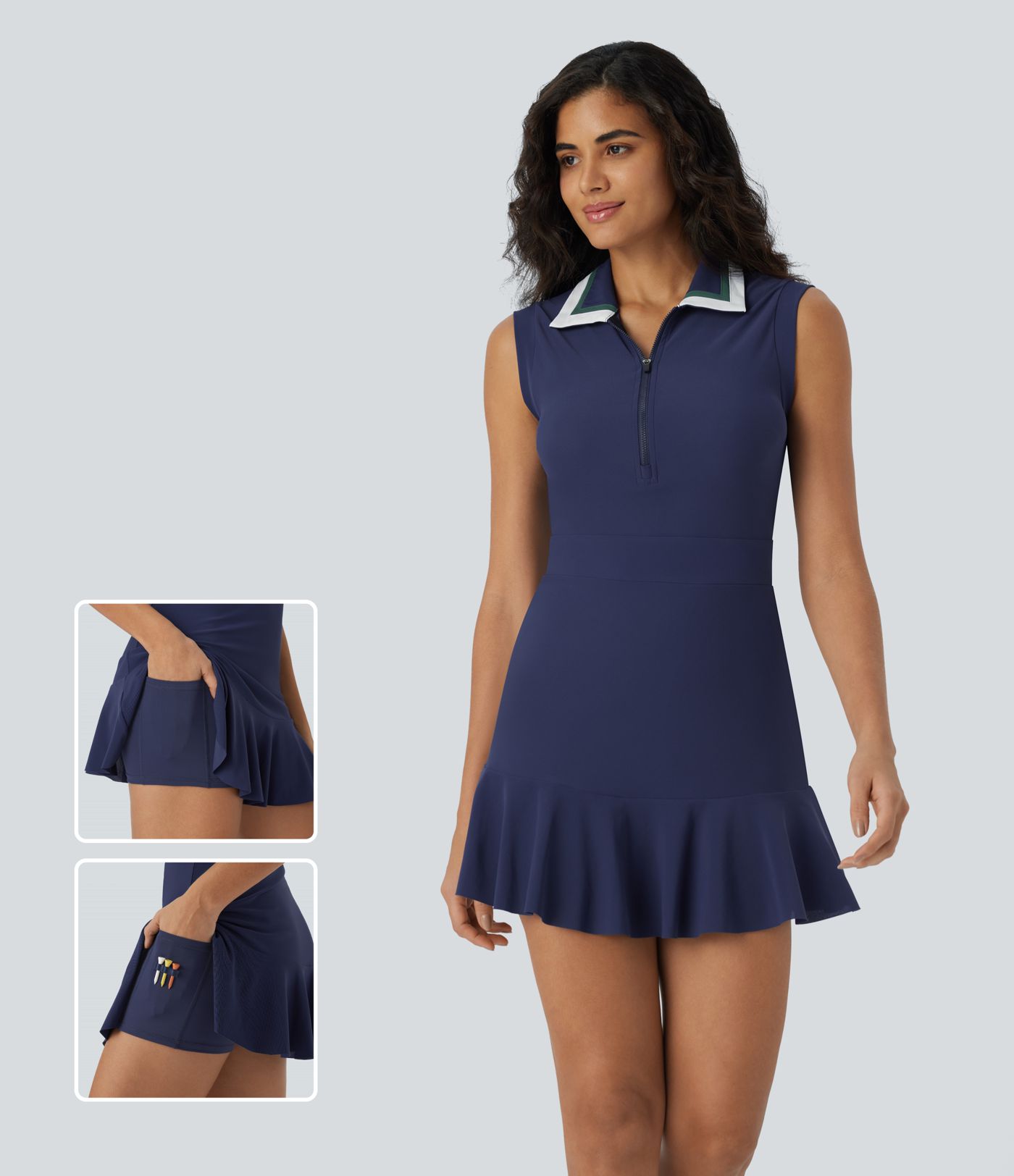 Collar Zipper 2-Piece Pocket Cool Touch Mini Golf Active Dress-Golf Tee Pocket