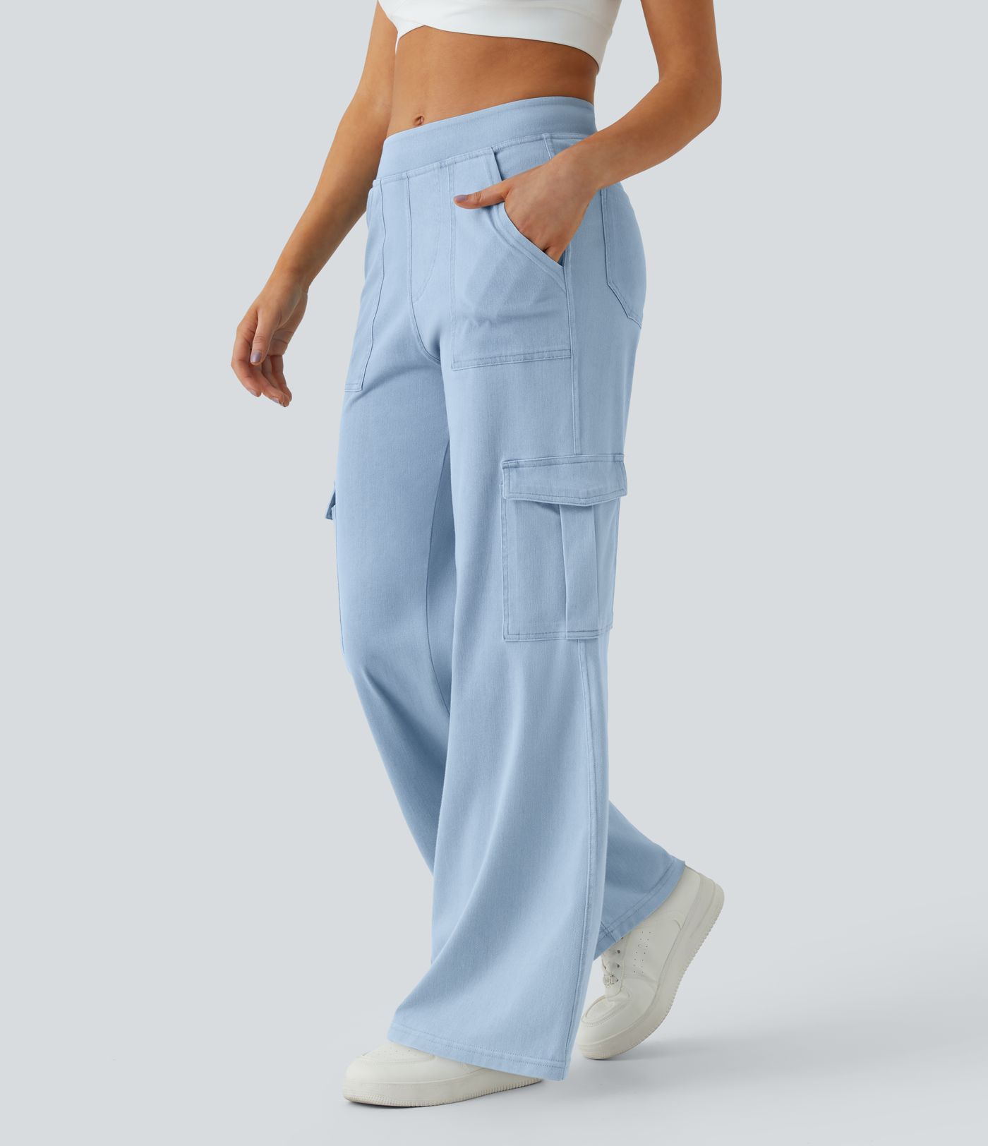 Halara Flex™ lässige Baggy-Hose aus elastischem Strickdenim mit mittelhohem Bund, Cargo-Seitentaschen und geradem Bein