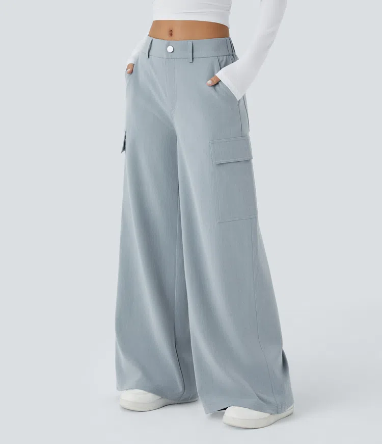 Mid Rise Zipper Pockets Cargo Wide Leg Casual Pants