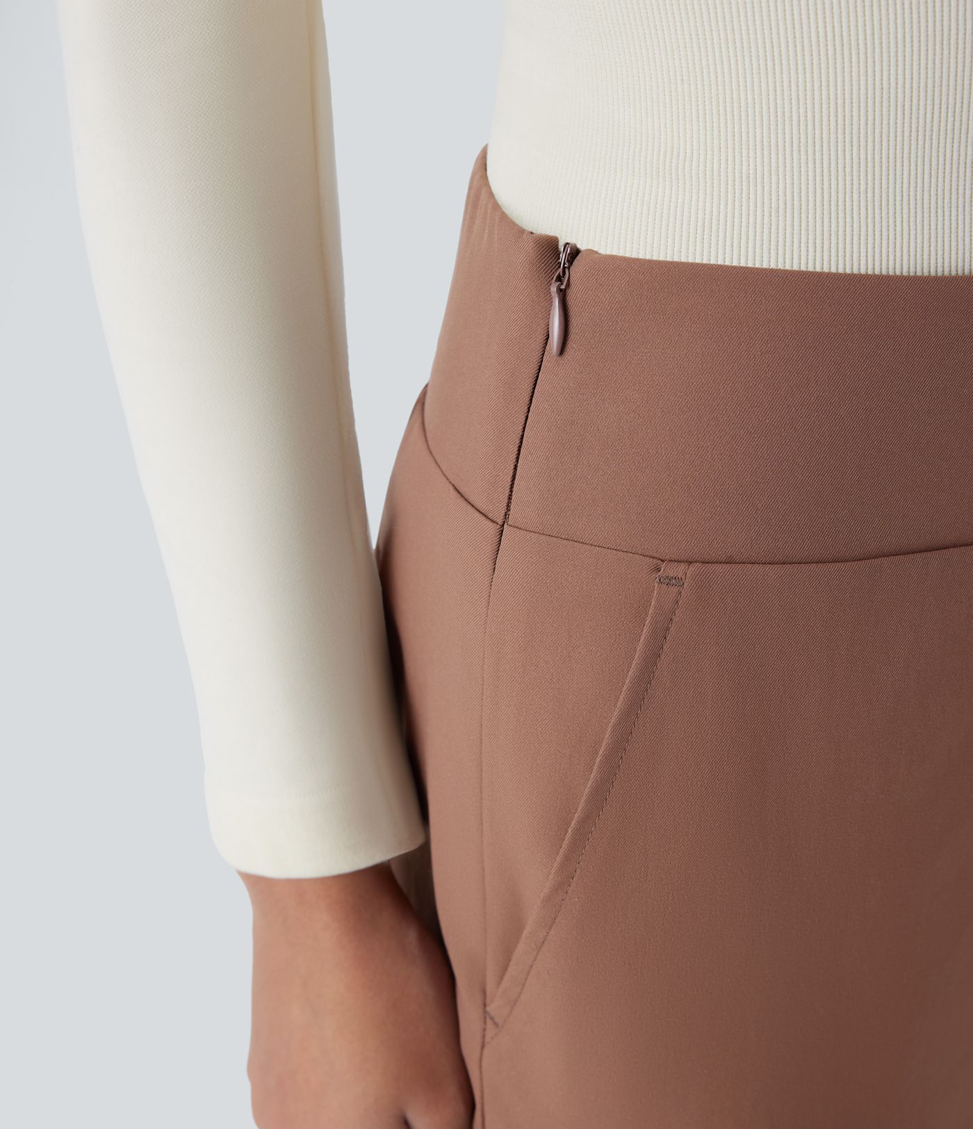 Water Repellent Mid High Waisted Invisible Zipper Side Pocket Split Twill Work Trousers