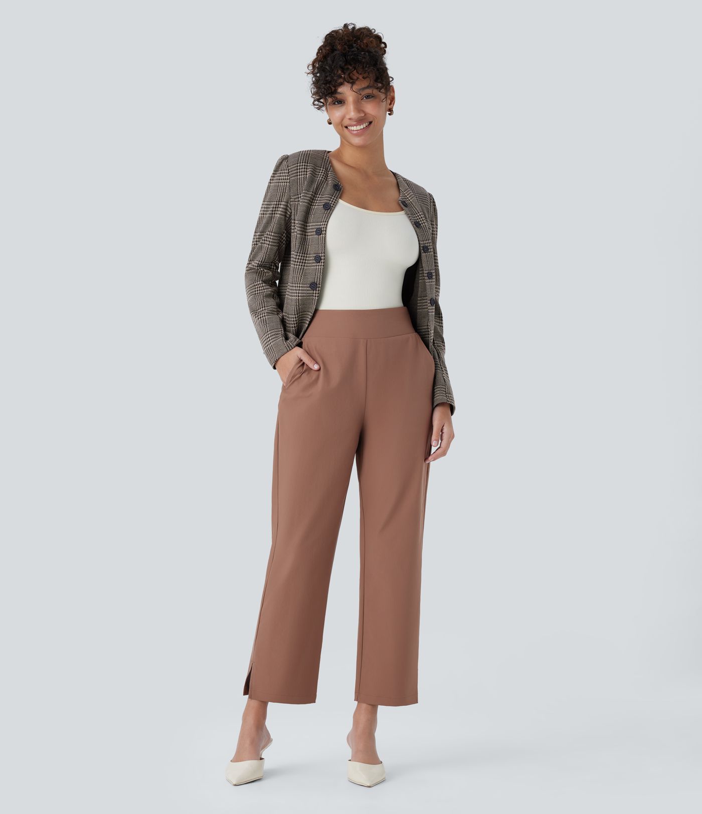 Water Repellent Mid High Waisted Invisible Zipper Side Pocket Split Twill Work Trousers