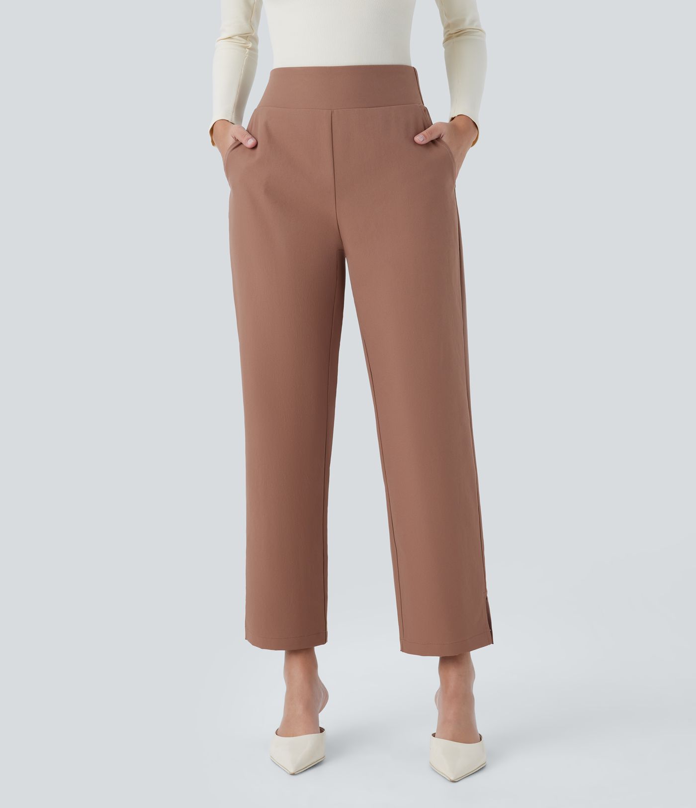 Water Repellent Mid High Waisted Invisible Zipper Side Pocket Split Twill Work Trousers