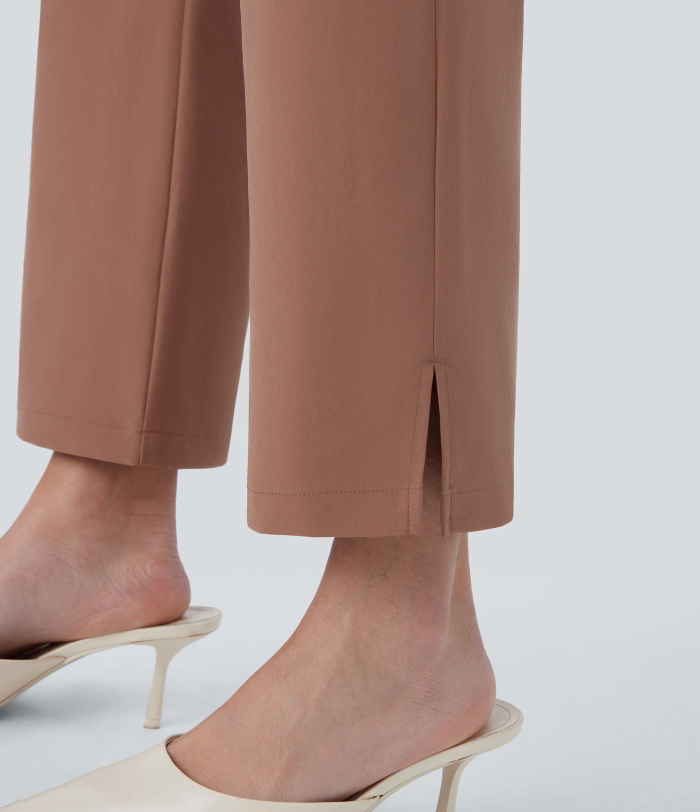 Water Repellent Mid High Waisted Invisible Zipper Side Pocket Split Twill Work Trousers