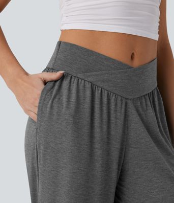 Kryžminės aukšto juosmens kišeninės tamprios laisvalaikio kelnės