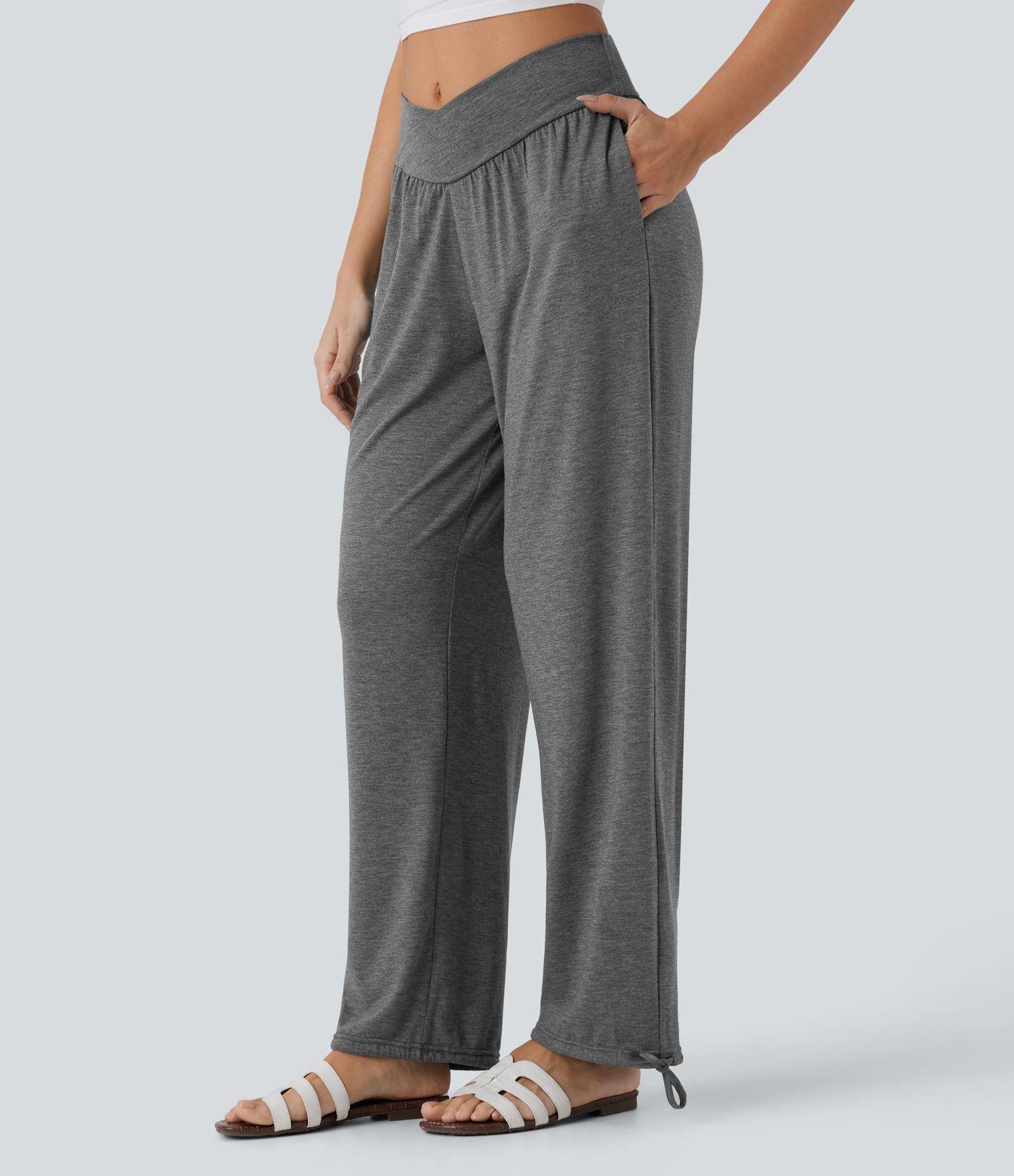 Kryžminės aukšto juosmens kišeninės tamprios laisvalaikio kelnės