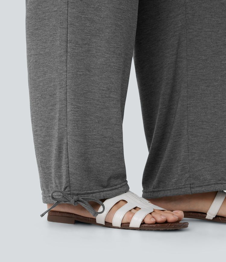 Kryžminės aukšto juosmens kišeninės tamprios laisvalaikio kelnės