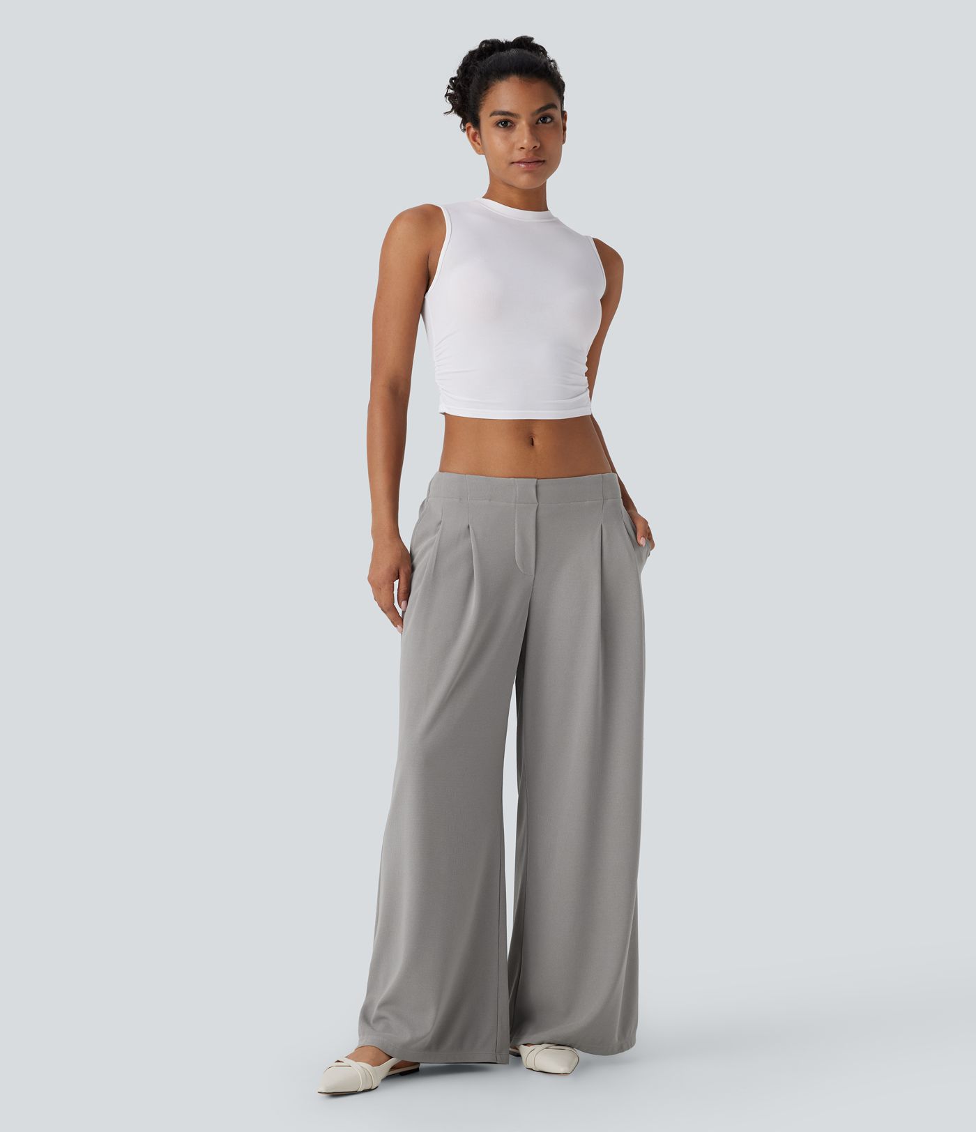 Low Rise Pocket Wide Leg Waffle Casual Pants
