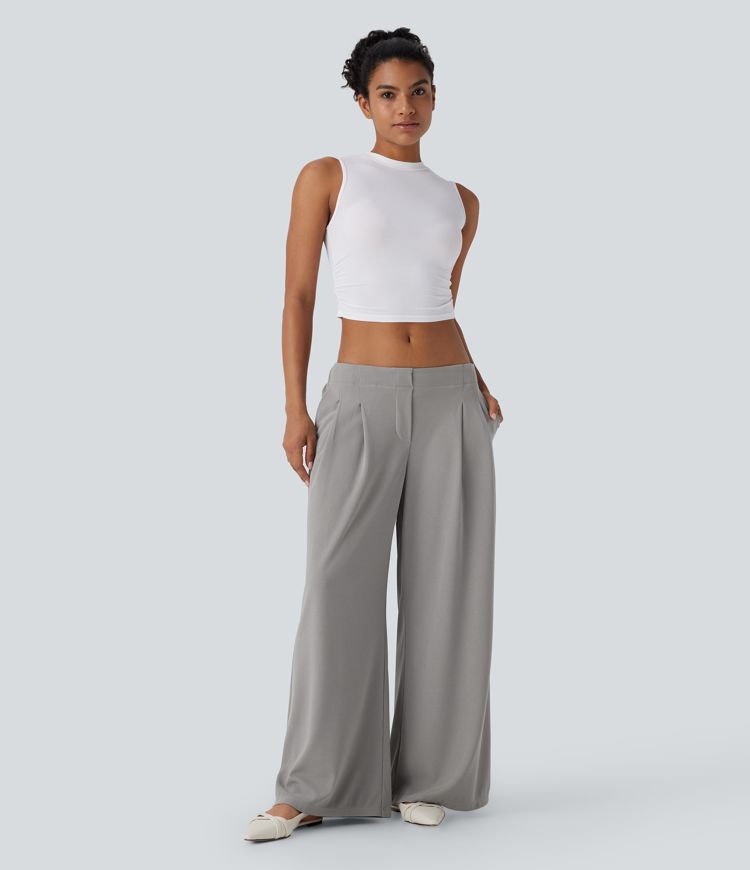 Low Rise Pocket Wide Leg Waffle Casual Pants