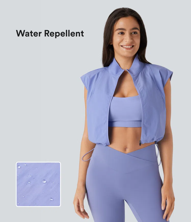 Wasserabweisende, verschleißfeste, ärmellose Yoga-Jacke mit Brusttasche, Reißverschluss, verstellbarem Kordelzug und Kragen