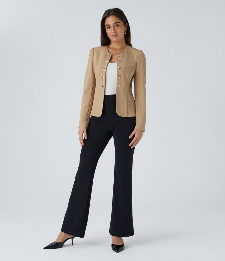 Chaqueta oficina ajustada botón decorativo manga larga cuello redondo