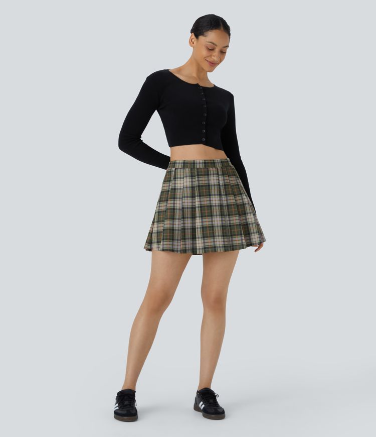 High Waisted 2-in-1 Pocket Plaid Pleated Mini Casual Skirt