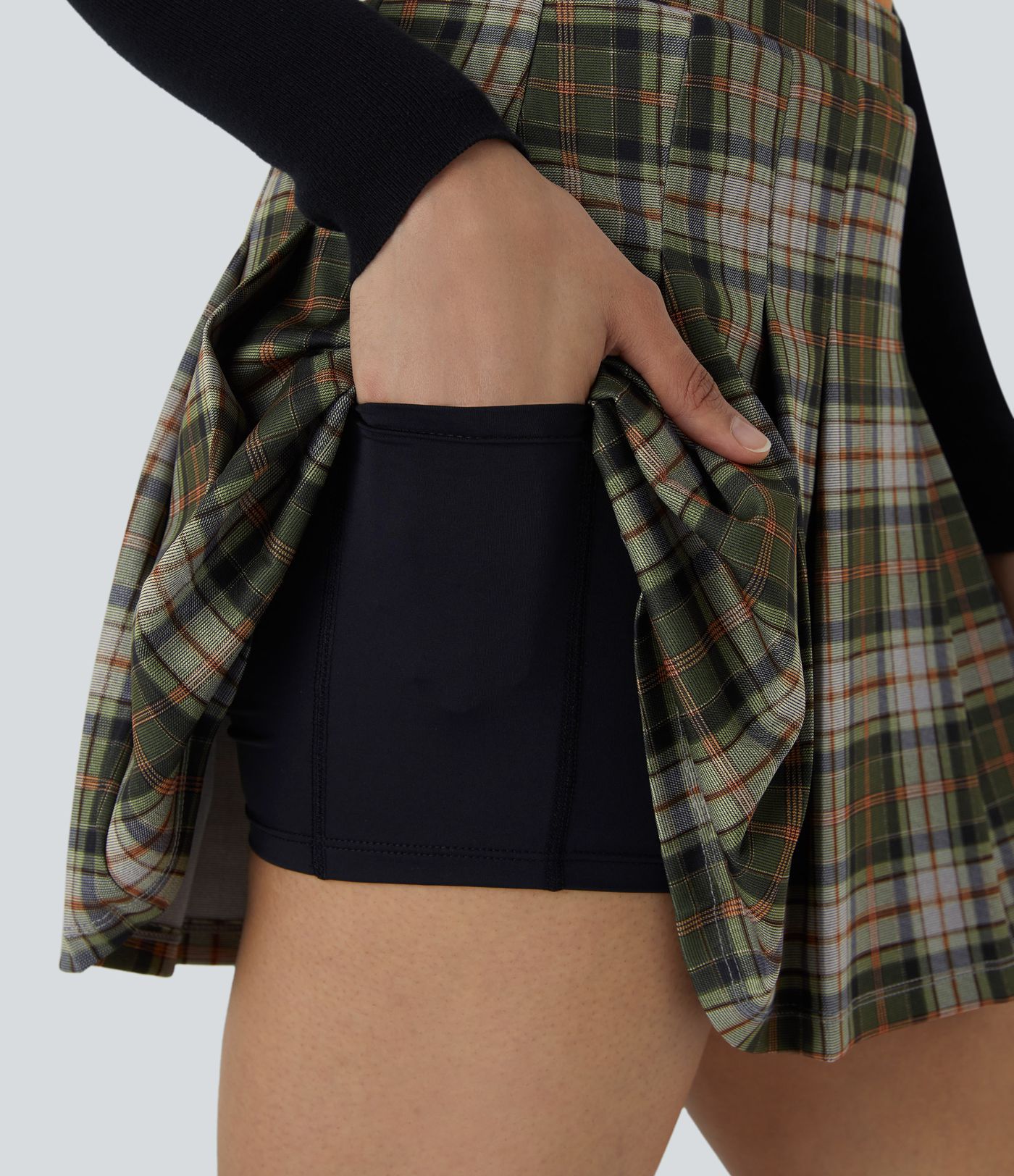 High Waisted 2-in-1 Pocket Plaid Pleated Mini Casual Skirt