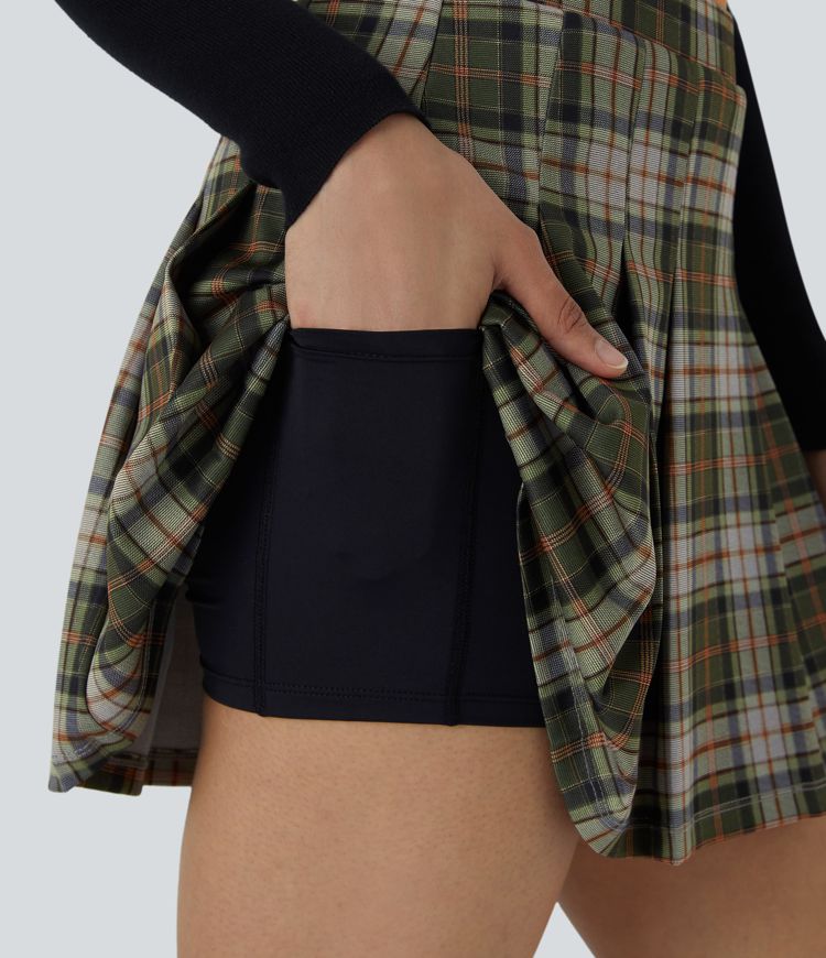 High Waisted 2-in-1 Pocket Plaid Pleated Mini Casual Skirt