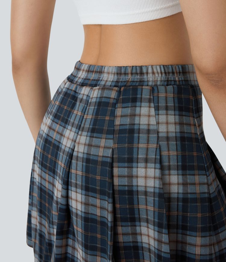 High Waisted 2-in-1 Pocket Plaid Pleated Mini Casual Skirt