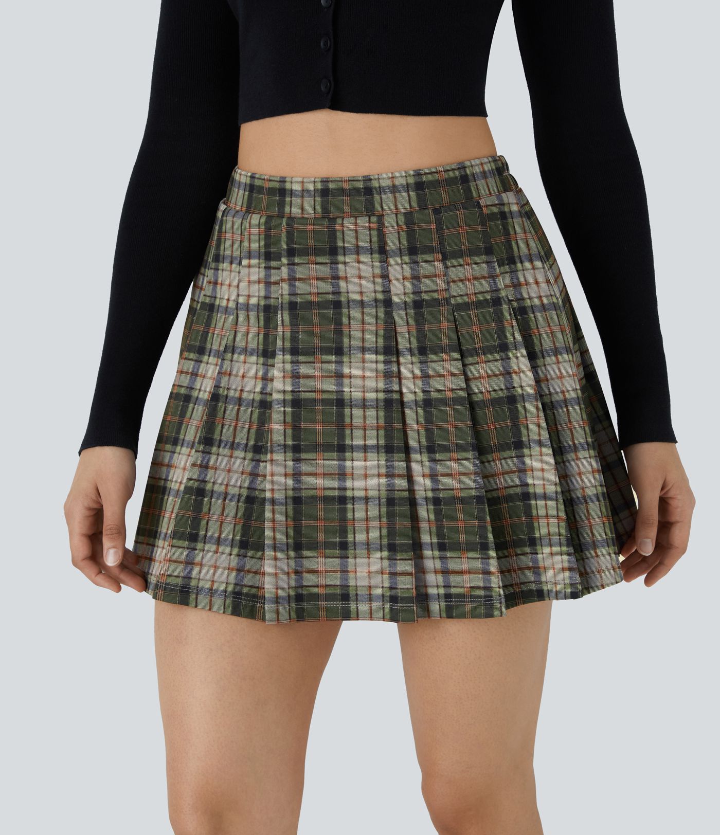 High Waisted 2-in-1 Pocket Plaid Pleated Mini Casual Skirt