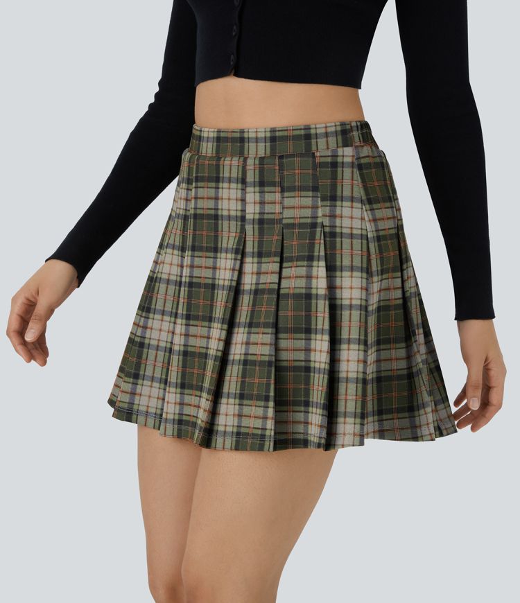 High Waisted 2-in-1 Pocket Plaid Pleated Mini Casual Skirt