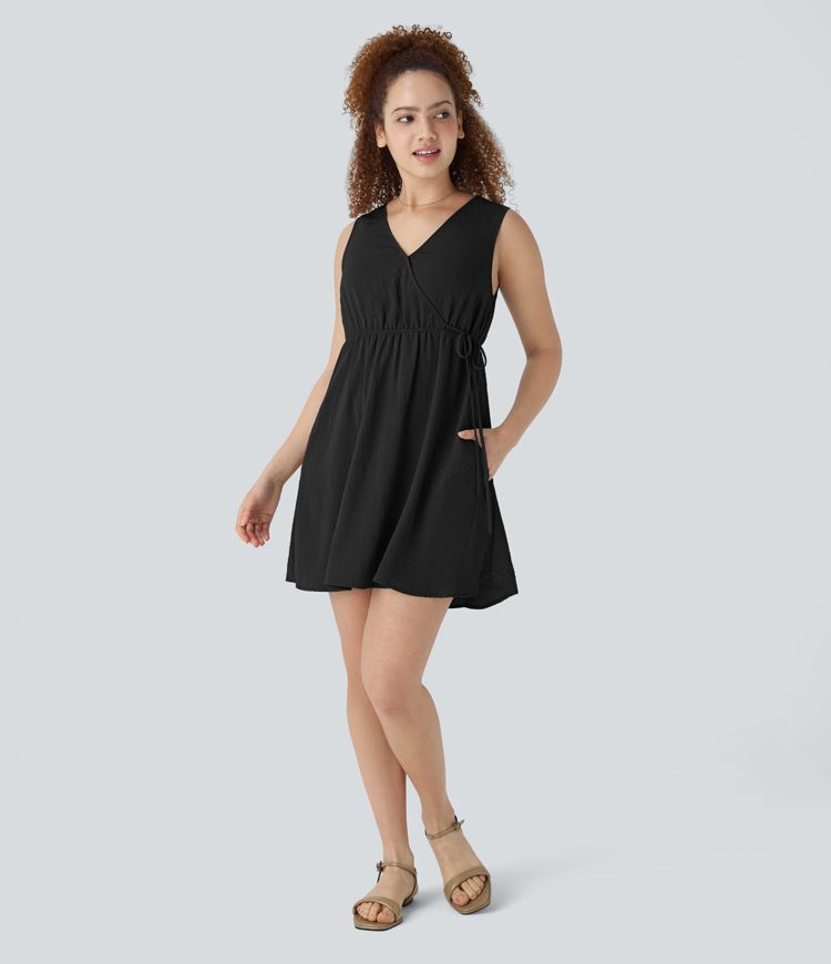 V Neck Sleeveless Tie Pocket Linen-Feel Mini Casual Dress