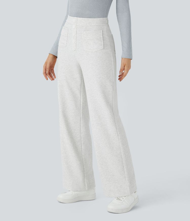 High-waist button multi-pocket straight fleece casual cotton pants