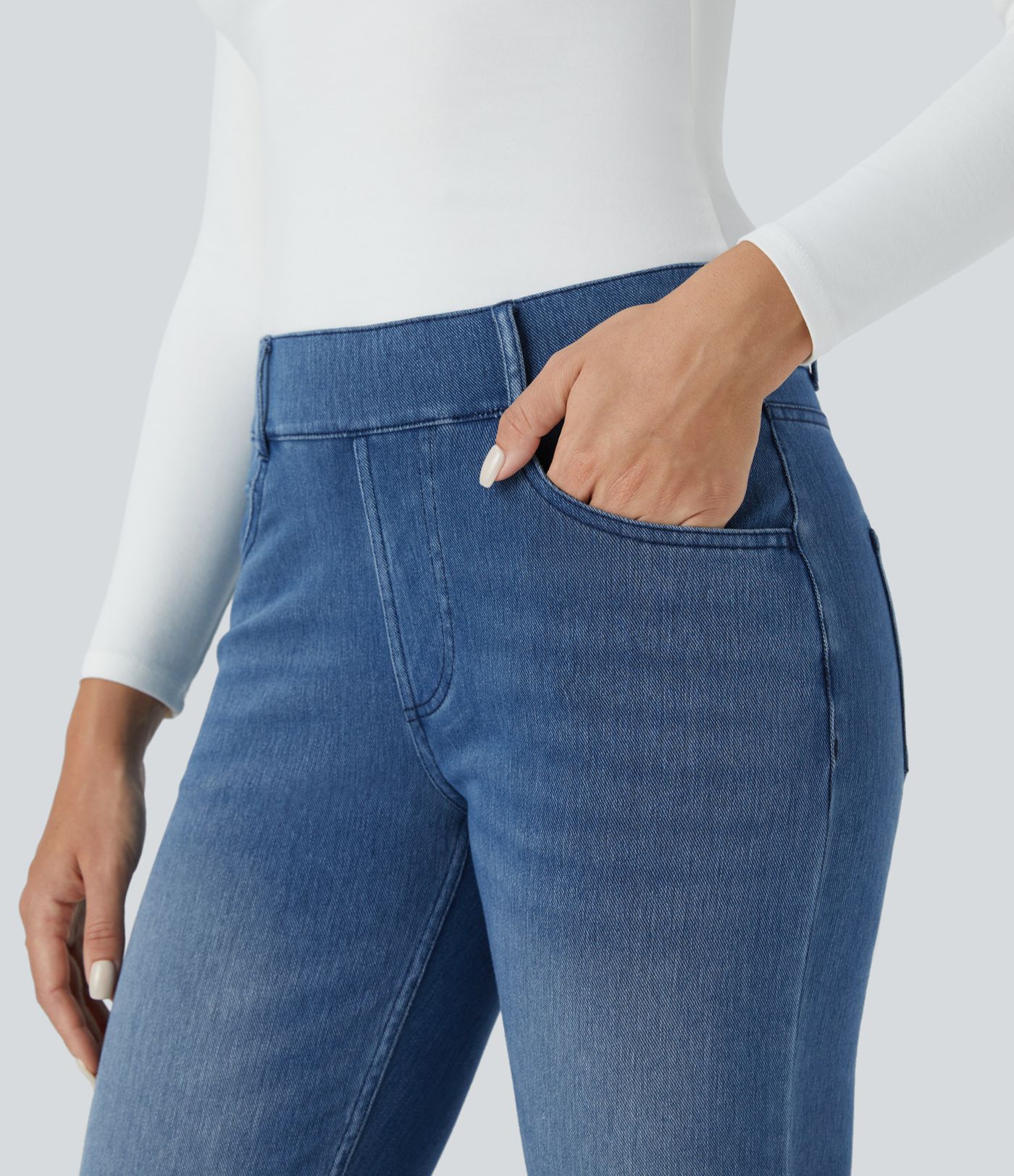 Halara Flex™ Mid-Rise Multiple-Pocket Straight-Leg Washed Stretchy Knit Work Jeans