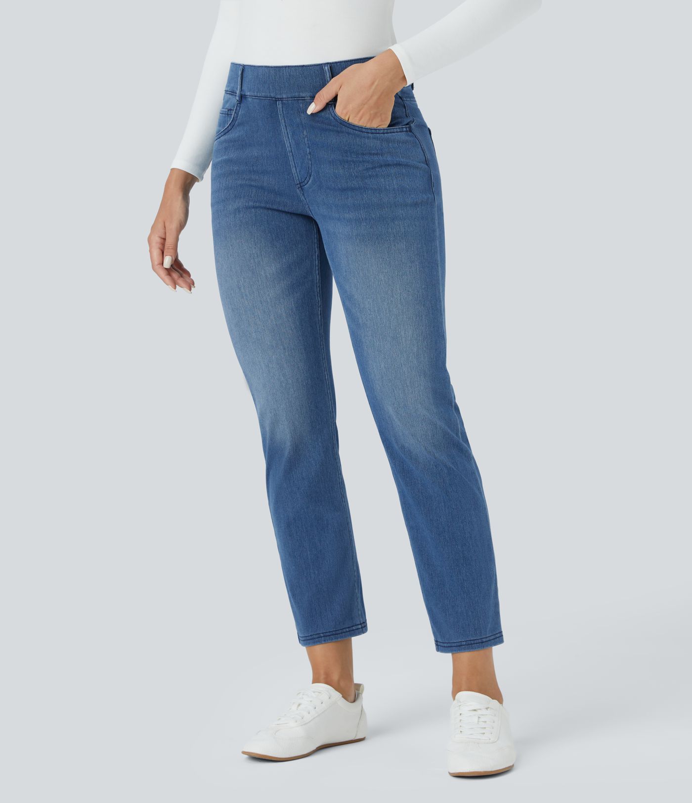 Halara Flex™ Mid-Rise Multiple-Pocket Straight-Leg Washed Stretchy Knit Work Jeans