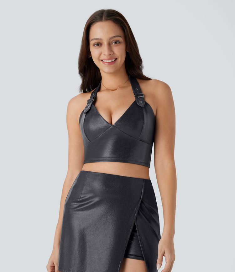 Haut de tennis SoftlyZero™ en similicuir, col halter, imprimé métallisé, extensible