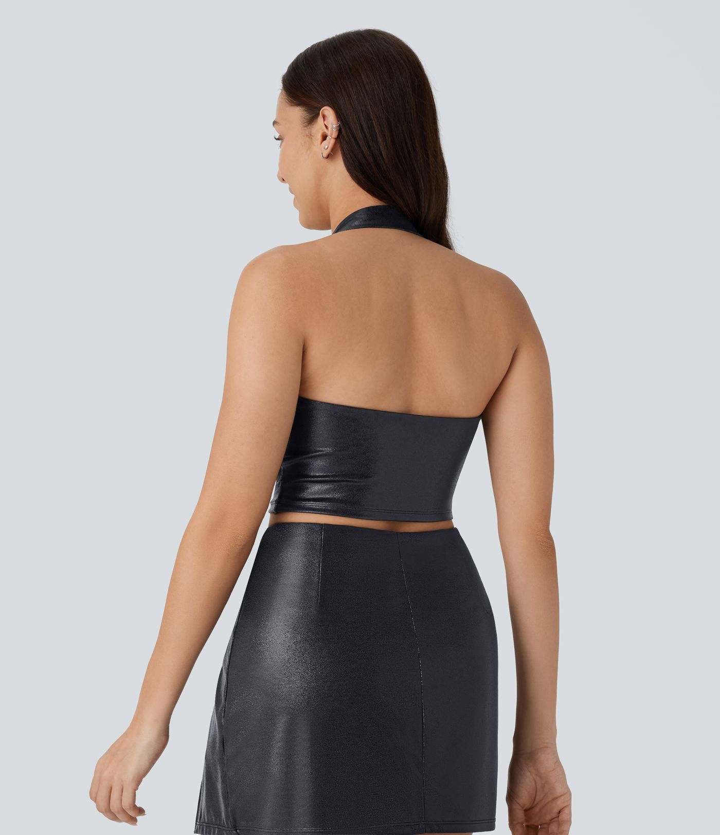 Haut de tennis SoftlyZero™ en similicuir, col halter, imprimé métallisé, extensible