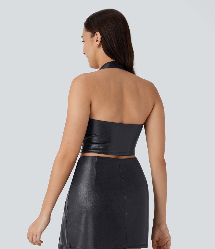 Haut de tennis SoftlyZero™ en similicuir, col halter, imprimé métallisé, extensible