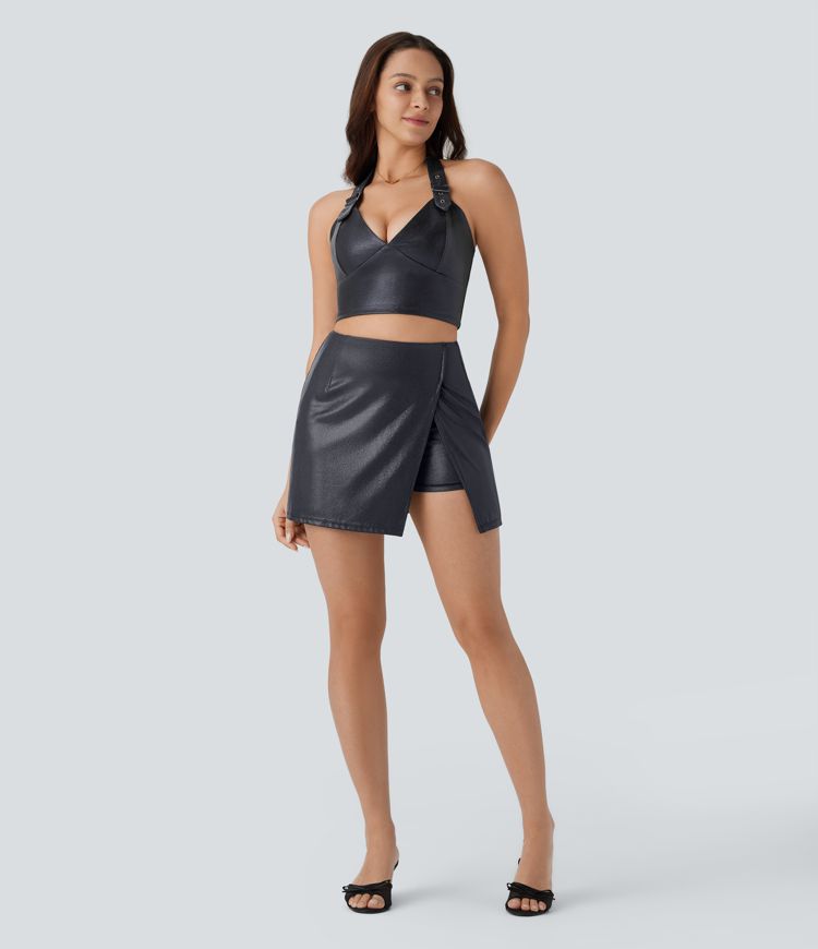 Haut de tennis SoftlyZero™ en similicuir, col halter, imprimé métallisé, extensible