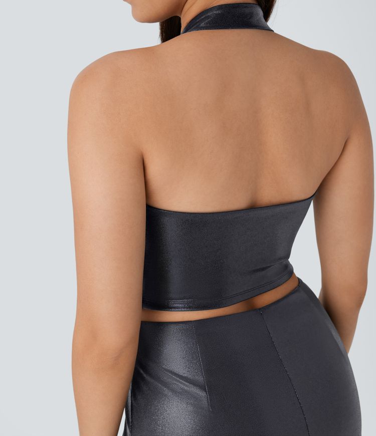 Haut de tennis SoftlyZero™ en similicuir, col halter, imprimé métallisé, extensible