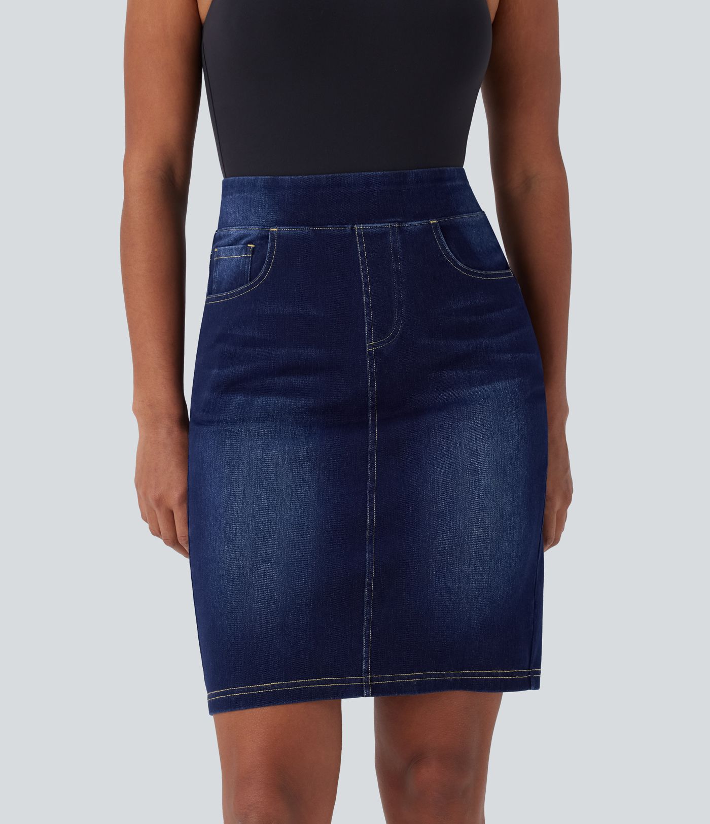 Halara Flex™ Jupe en Jean décontractée stretch délavé à taille haute, multiples poches et fente latérale