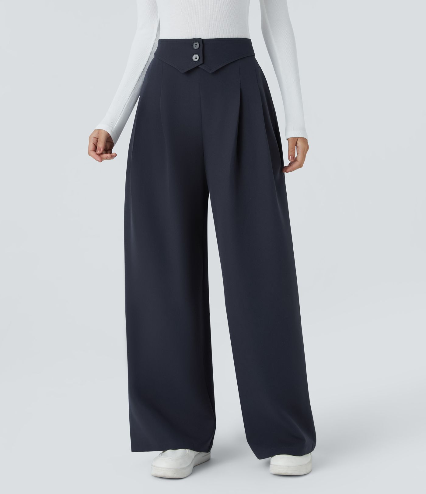 Pantalón oficina tiro alto botón decorativo cremallera invisible bolsillo lateral pierna ancha