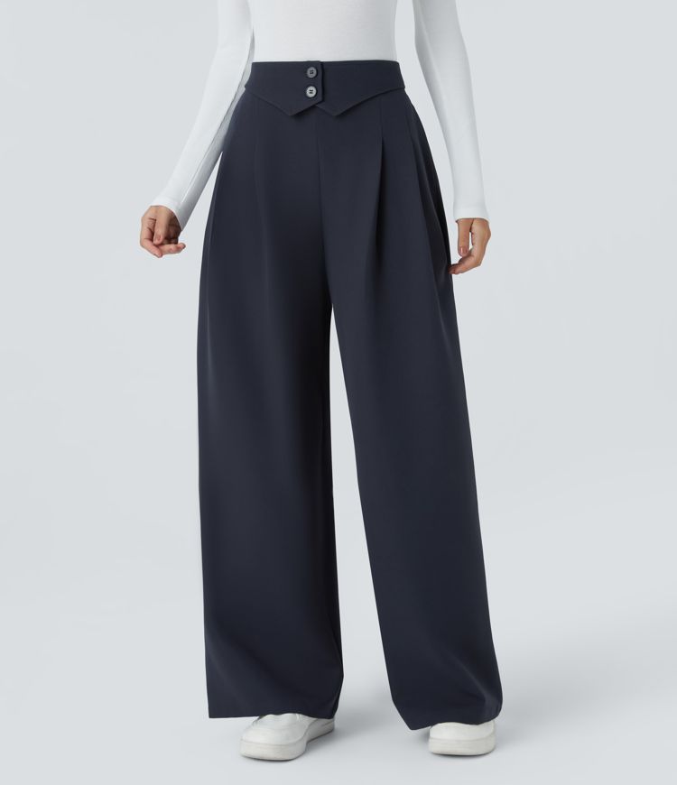 High waist decorative button hidden zipper side pockets wide leg work pants