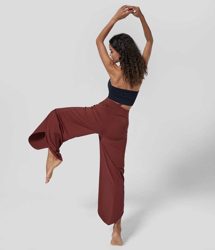 Women’s High Waisted Multiple Pockets Curved Hem Wide Leg Dance Pants