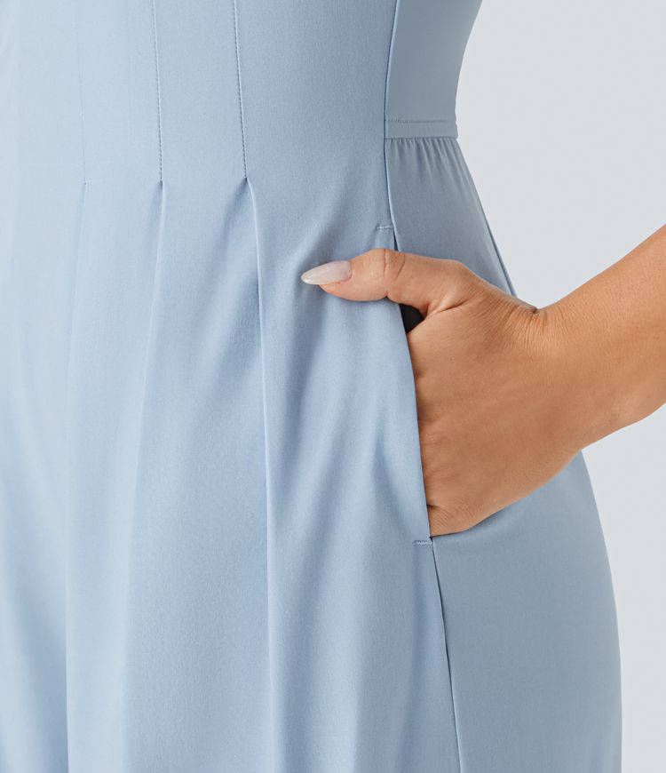 Breezeful™ V Neck Zipper Pleated Side Pocket Wide Leg Quick Dry Casual Jumpsuit