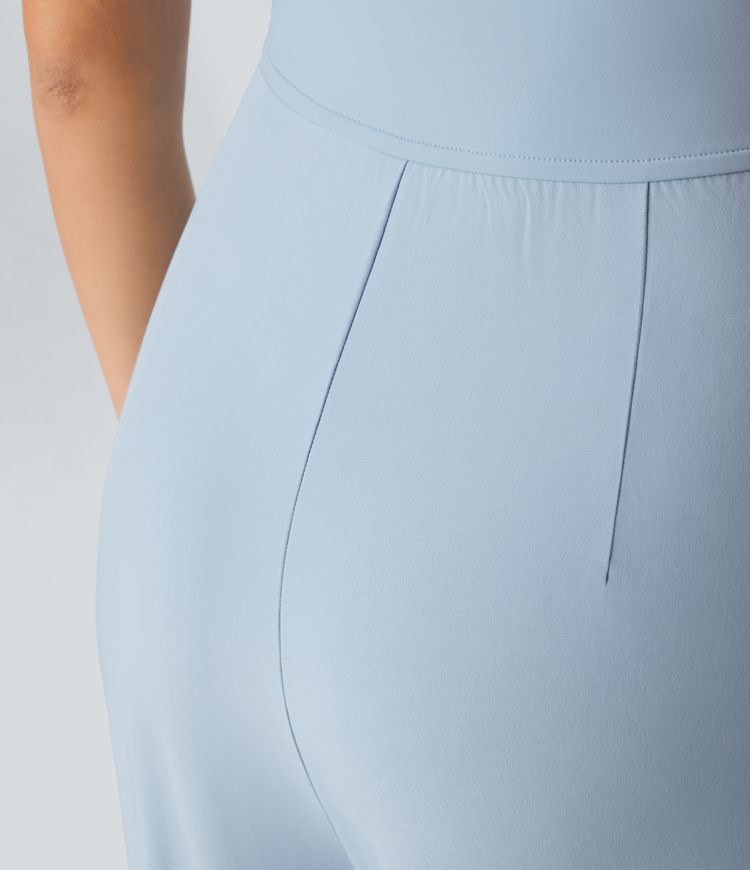 Breezeful™ V Neck Zipper Pleated Side Pocket Wide Leg Quick Dry Casual Jumpsuit