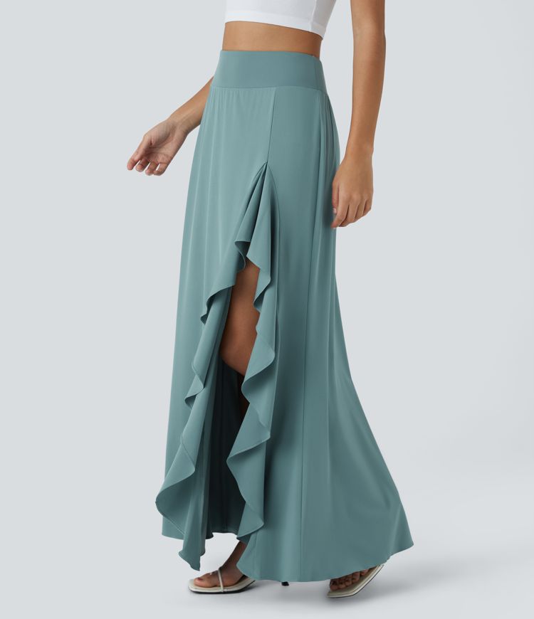 Breezeful™ High Waisted Asymmetric Ruffle Trim Hem 2-in-1 Maxi Quick Dry Casual Skirt