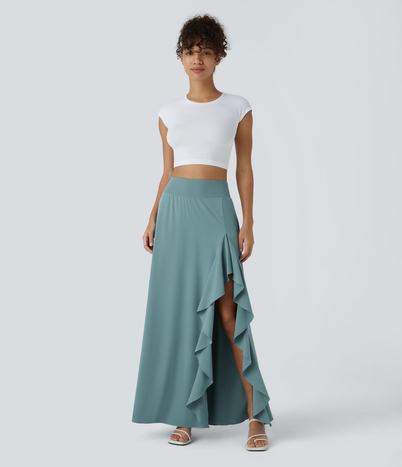 Breezeful™ ハイウエスト アシンメトリック フリルトリムヘム 2-in-1 マキシ丈 クイックドライ カジュアルスカート