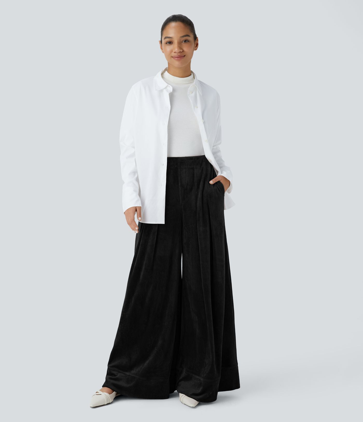 Ribbed Velvet High Wasted Pockets Wide Leg Palazzo Casual Pants